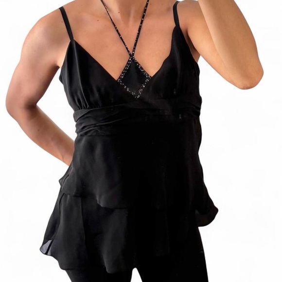 BCBGMaxAzria Tops - BCBGMaxazaria Black 100% Silk Cami Tank with Beaded Halter Top Detail Large